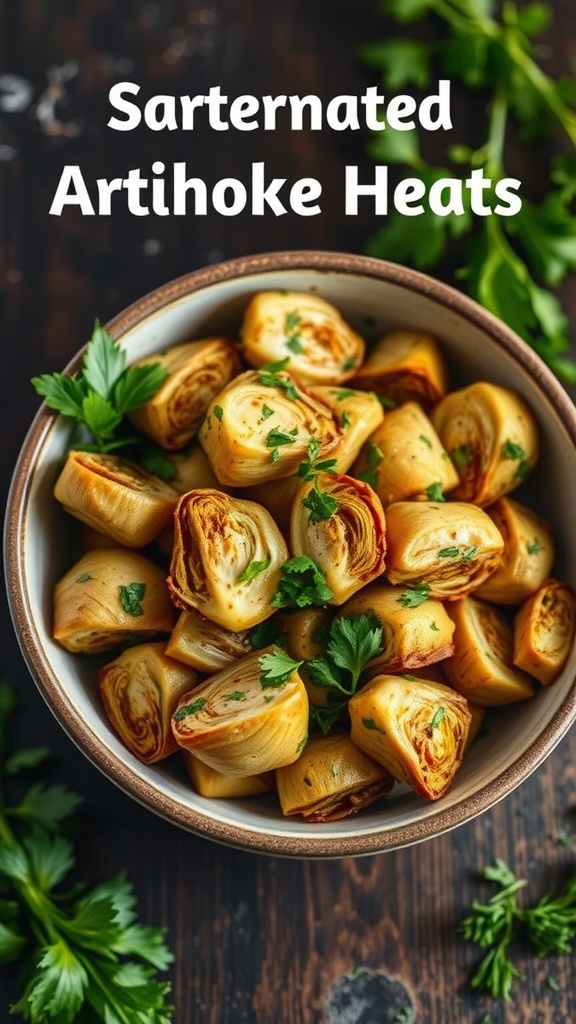 A bowl of marinated artichoke hearts garnished with parsley