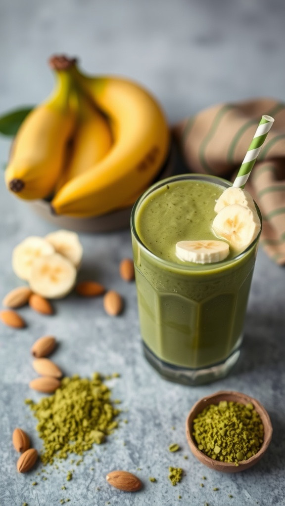A Matcha Banana Almond Smoothie in a glass with bananas and almonds in the background.