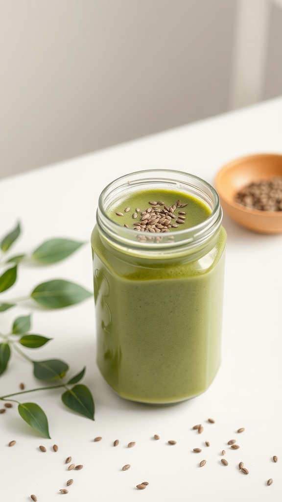 A green matcha chia smoothie in a jar with chia seeds on top.