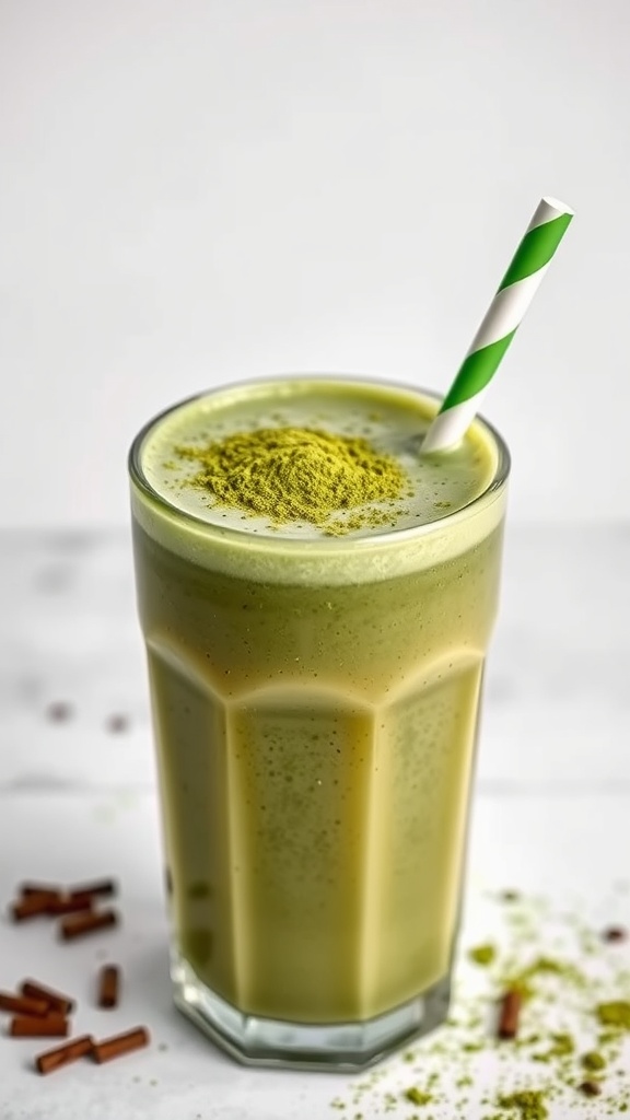 A refreshing glass of matcha coffee smoothie with a green straw, topped with matcha powder.