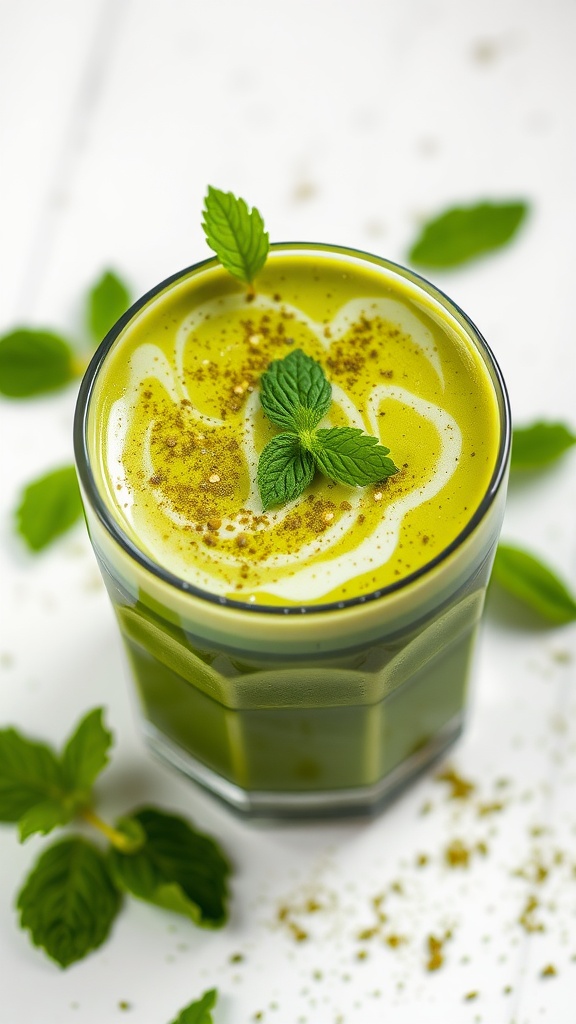 A vibrant green smoothie topped with mint leaves.