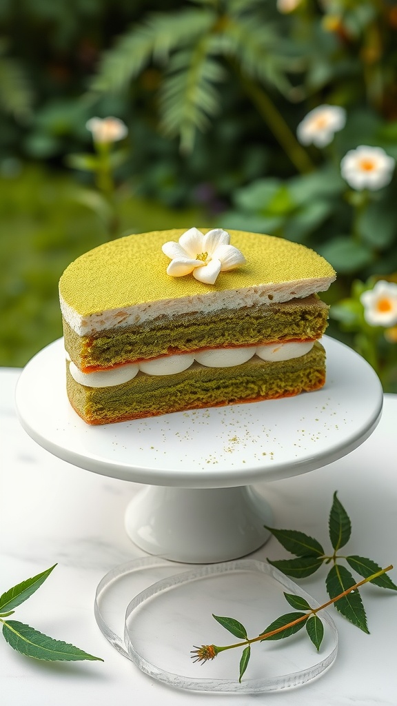 A beautifully layered matcha green tea cake with white frosting and a flower decoration, displayed on a white cake stand.