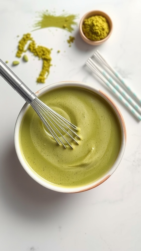 A bowl of smooth matcha green tea mix being whisked.
