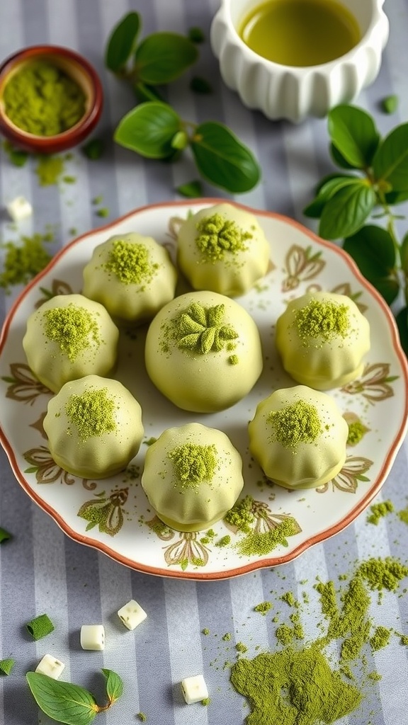 Matcha Green Tea Fat Bombs on a decorative plate