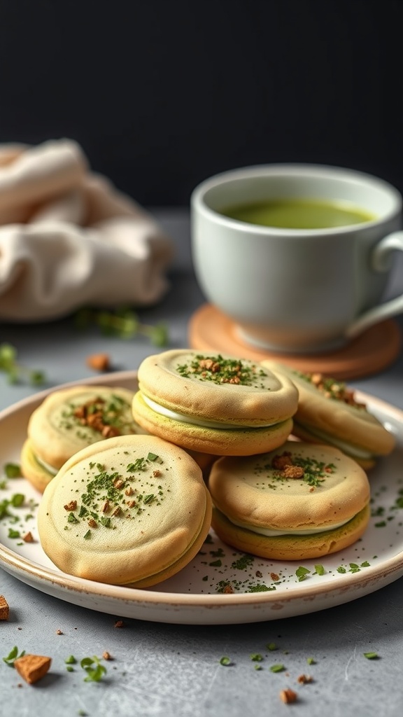 Matcha green tea keto cream cheese cookies on a plate with a cup of tea
