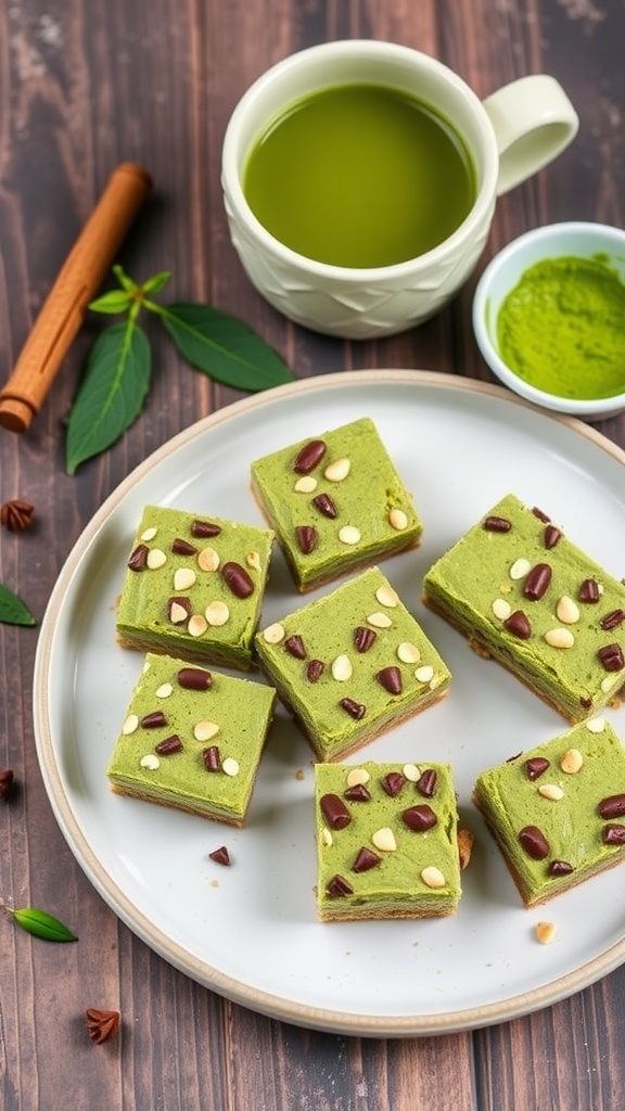 Delicious matcha green tea protein bars arranged on a plate with nuts on top.
