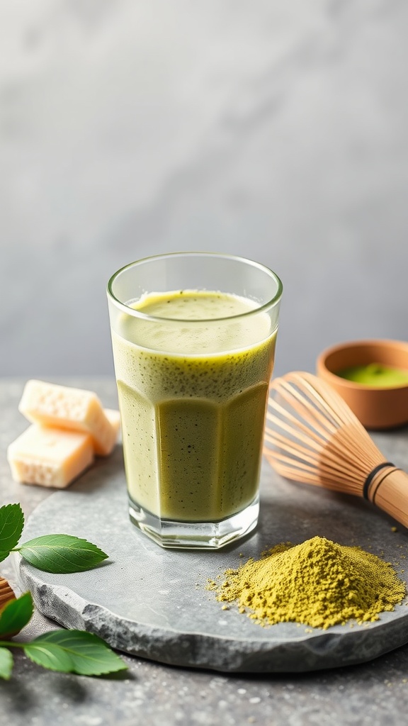 A refreshing matcha green tea protein smoothie in a glass with a whisk and matcha powder on the side.