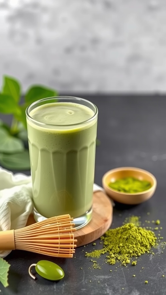 A glass of matcha green tea protein shake surrounded by matcha powder and a whisk.