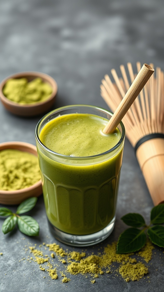 A refreshing matcha green tea smoothie in a glass with a bamboo straw, surrounded by matcha powder and fresh leaves.
