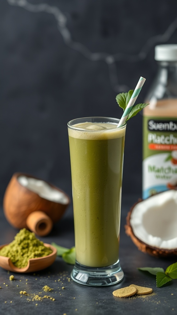 A refreshing matcha green tea smoothie with coconut water in a tall glass, garnished with a mint leaf and a straw.