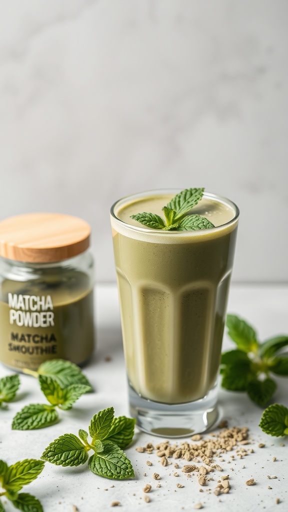A refreshing green matcha mint smoothie in a glass, garnished with mint leaves.