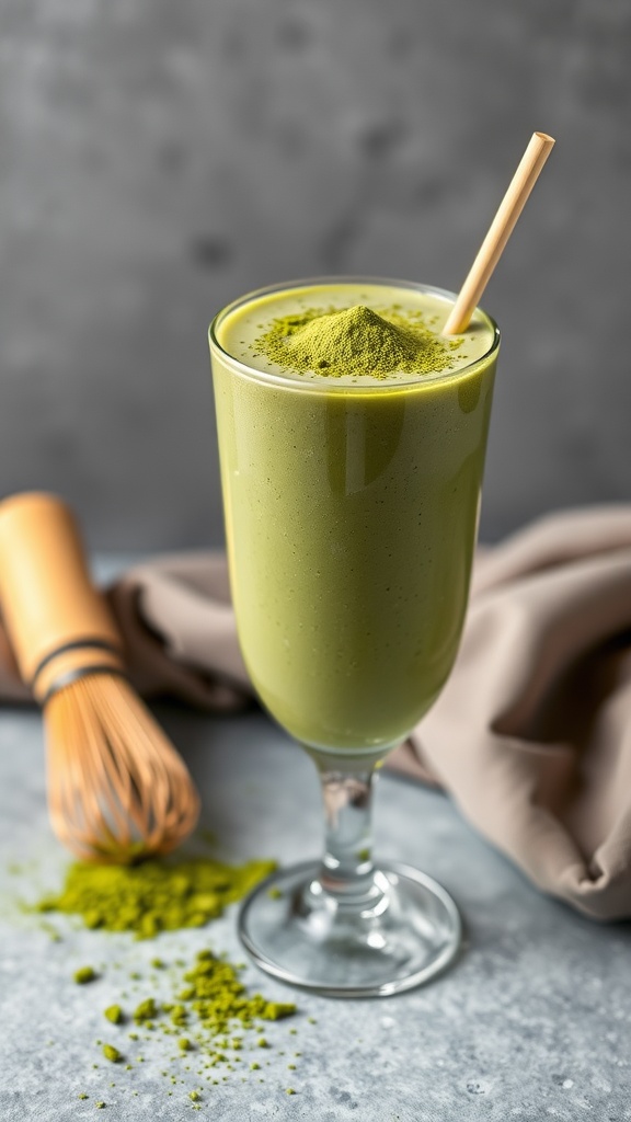 A glass of green matcha smoothie with a straw, topped with matcha powder.