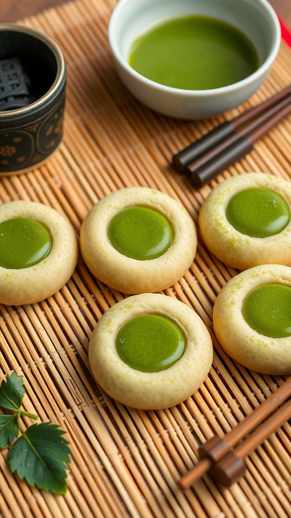 Matcha thumbprint cookies with green tea filling on a bamboo mat
