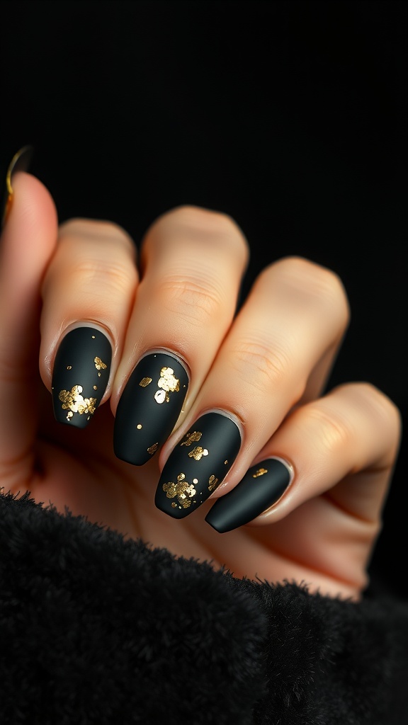 Matte black nails with gold foil accents