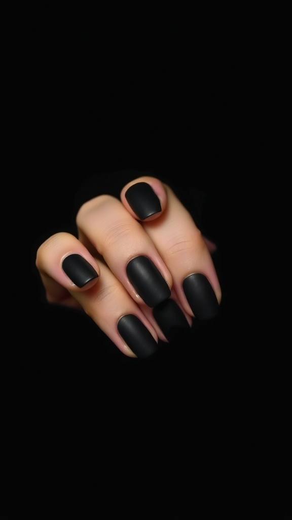 A close-up of hands with matte black square nails.