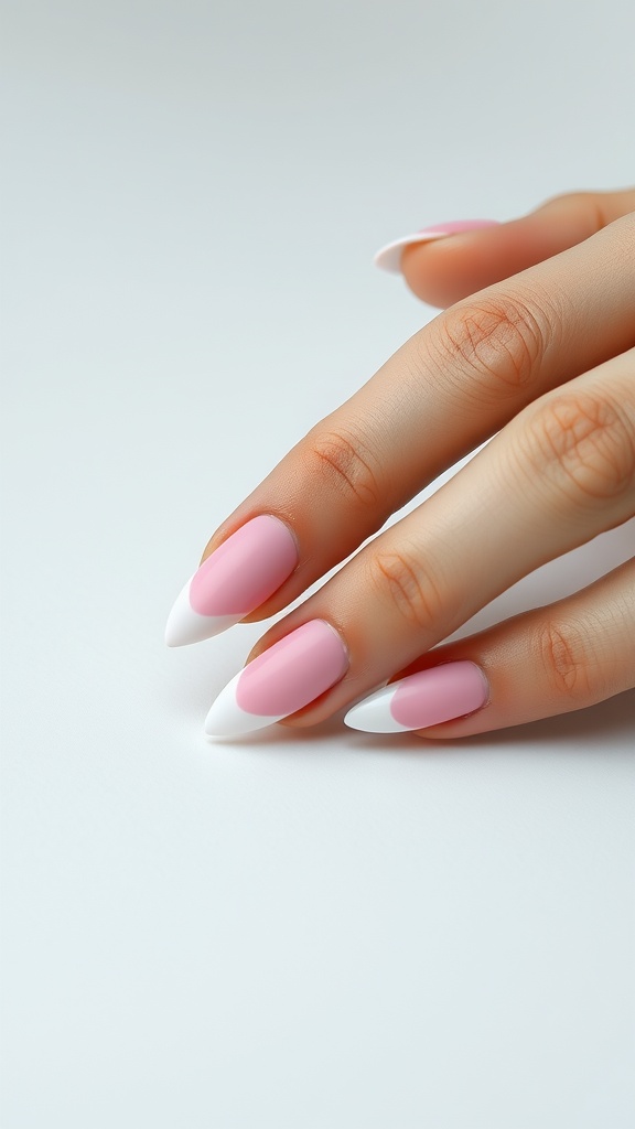 Close-up of a hand with pink matte nails and glossy white tips.
