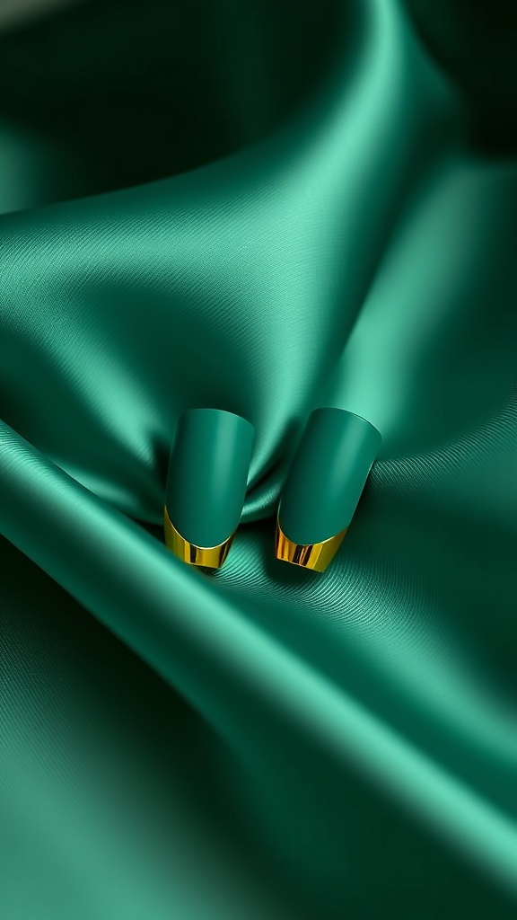 Nails painted matte green with glossy gold tips on a green fabric background