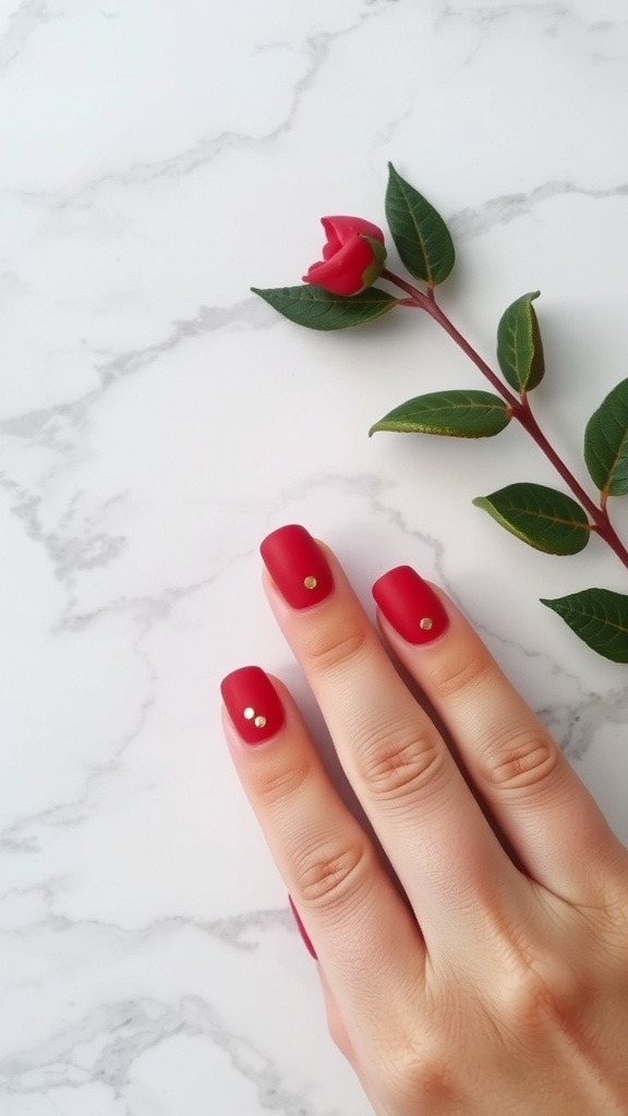 Close-up of matte red nails with gold foil accents, alongside a rose and green leaves.