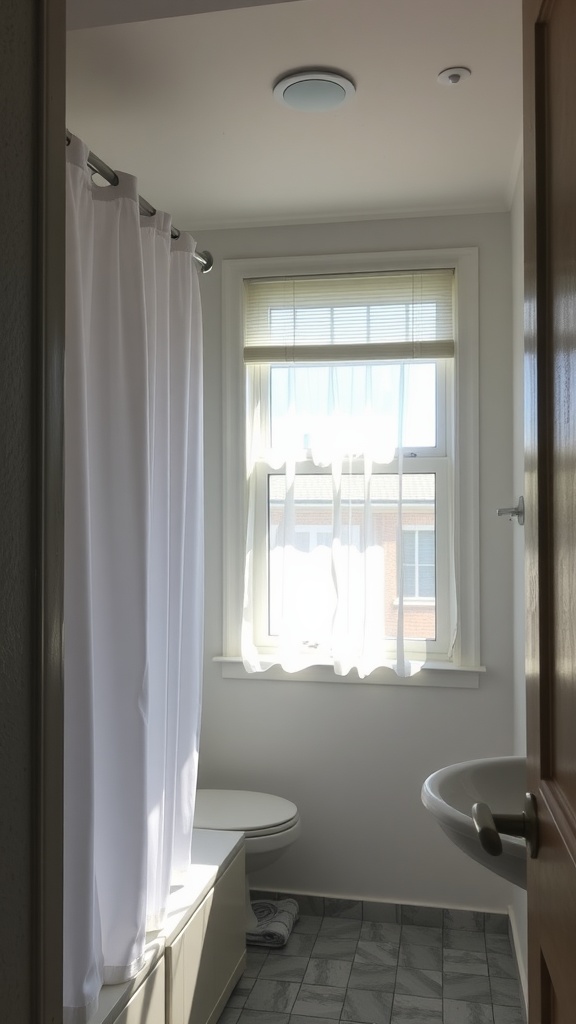 Bright small bathroom with window treatments letting in natural light.