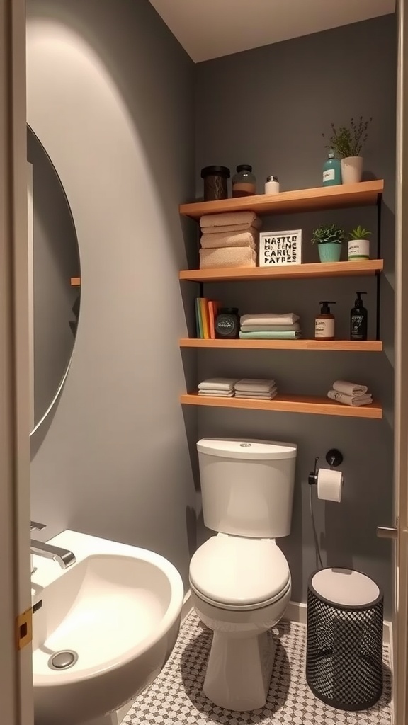 A half bathroom featuring shelving for towels and toiletries