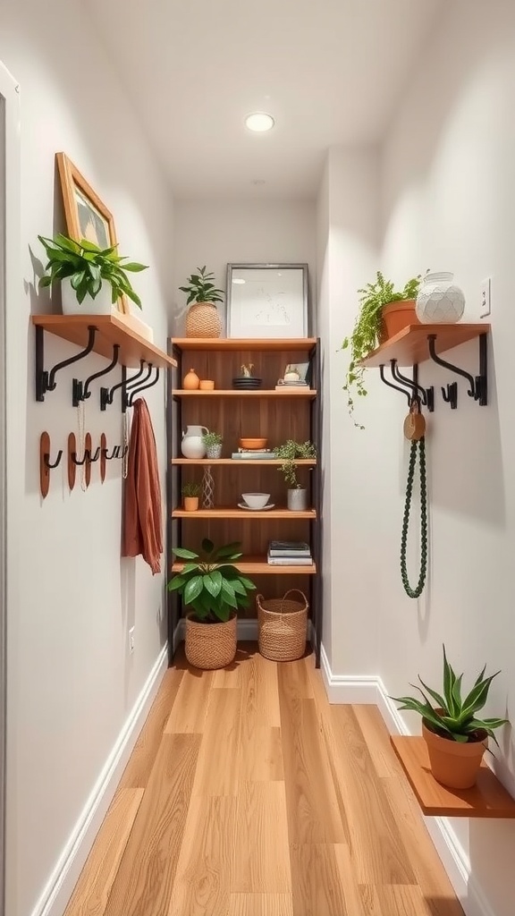 A small hallway with wooden shelves, hooks, and plants for vertical storage.