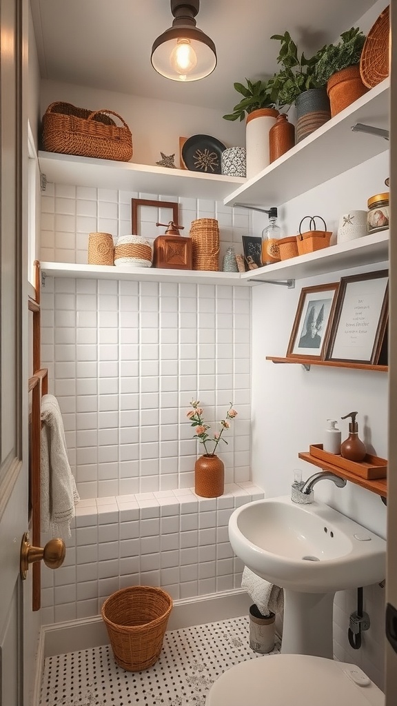 A small bathroom with shelves and decorative items for vertical space utilization.