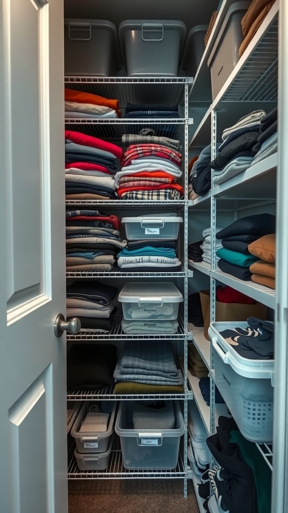 A well-organized small closet with shelves holding neatly folded clothes and labeled storage bins.