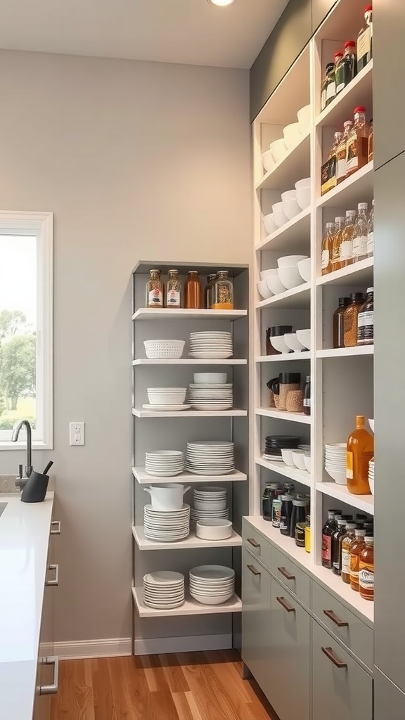 A well-organized kitchen with shelving units displaying plates, spices, and pantry items.