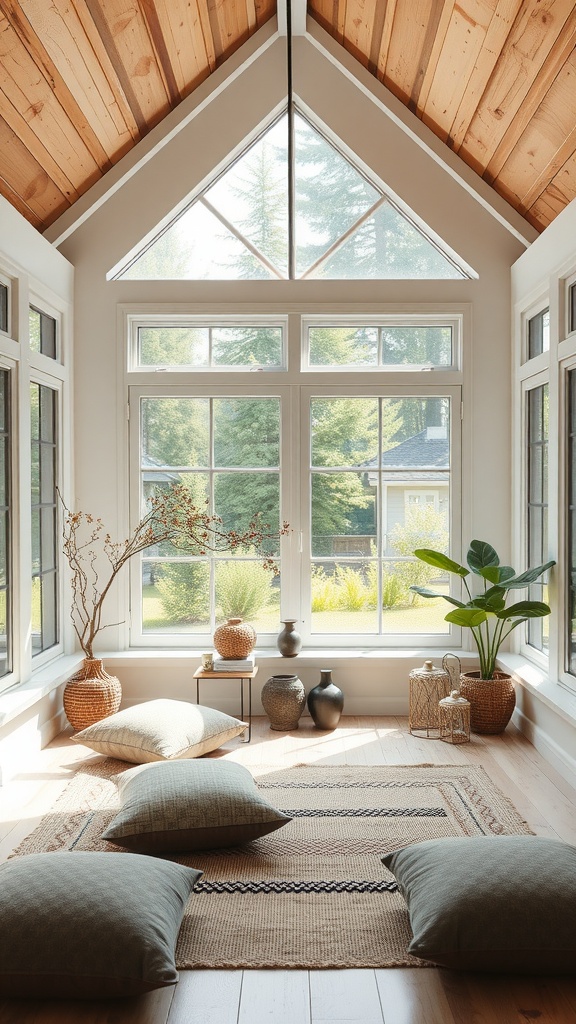 A serene sunroom with soft pillows, a natural color palette, and large windows showcasing greenery outside.