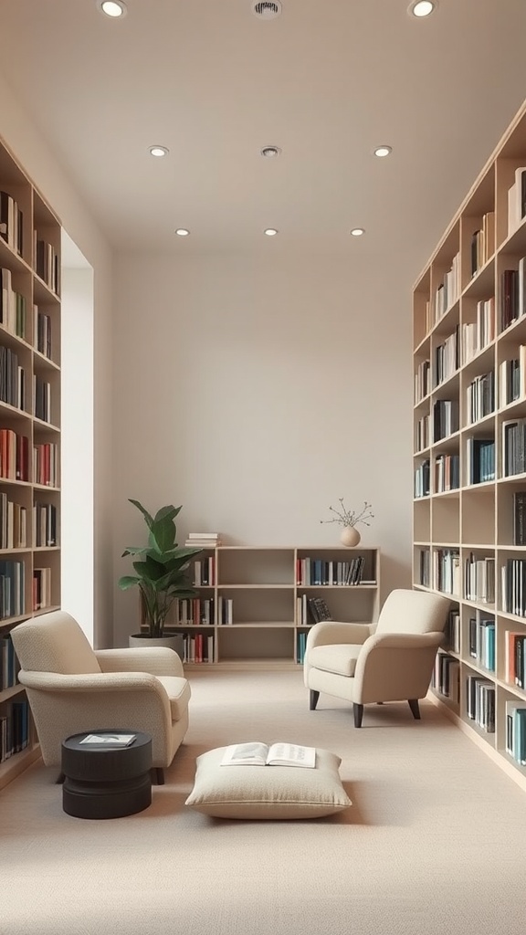 Cozy library room with soft chairs, a floor cushion, and bookshelves.