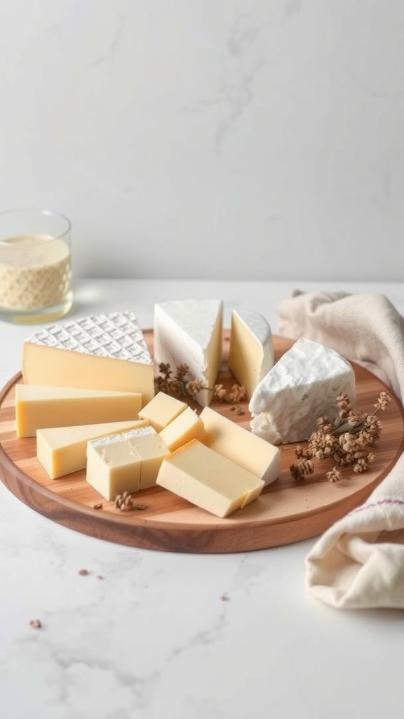 A serene cheese board featuring various cheeses on a wooden platter with herbs, perfect for a calming gathering.