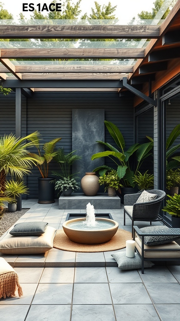 An outdoor patio designed as a meditative zen space with cushions, plants, and a water feature.