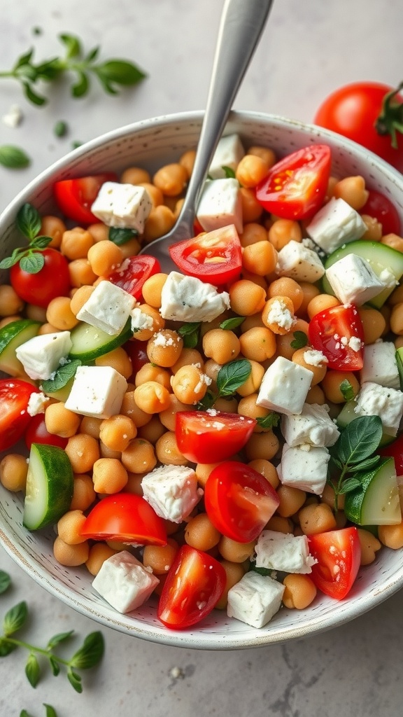 A colorful Mediterranean chickpea salad with tomatoes, cucumbers, and feta cheese.