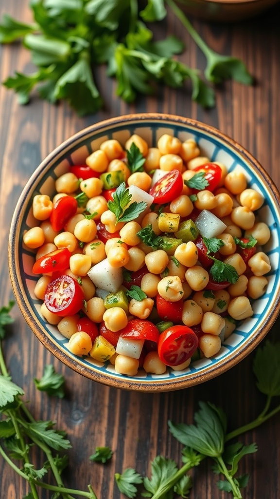 A colorful Mediterranean Chickpea Salad with cherry tomatoes, cucumbers, and parsley