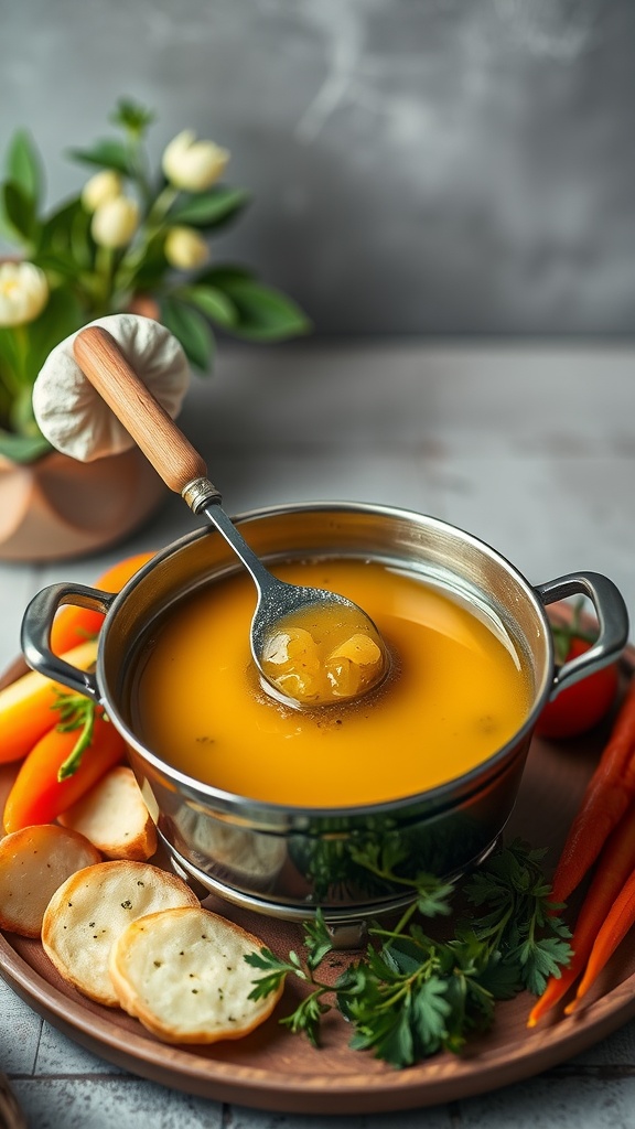 A serving of Mediterranean olive oil fondue with vegetables and bread.