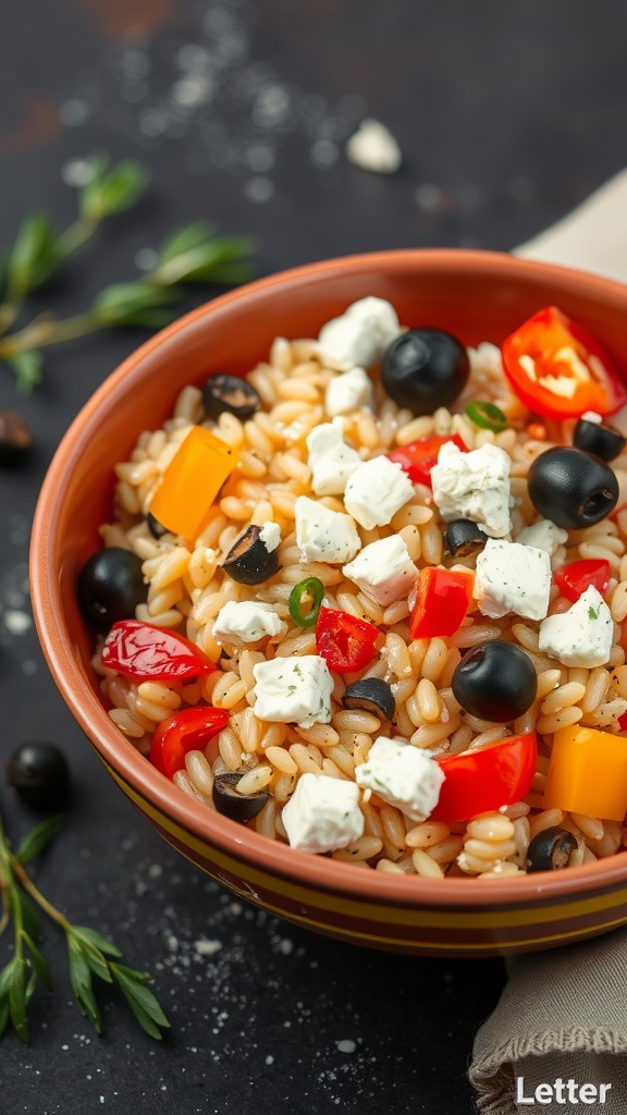 A bowl of Mediterranean Orzo Salad with Feta, featuring colorful vegetables and feta cheese.