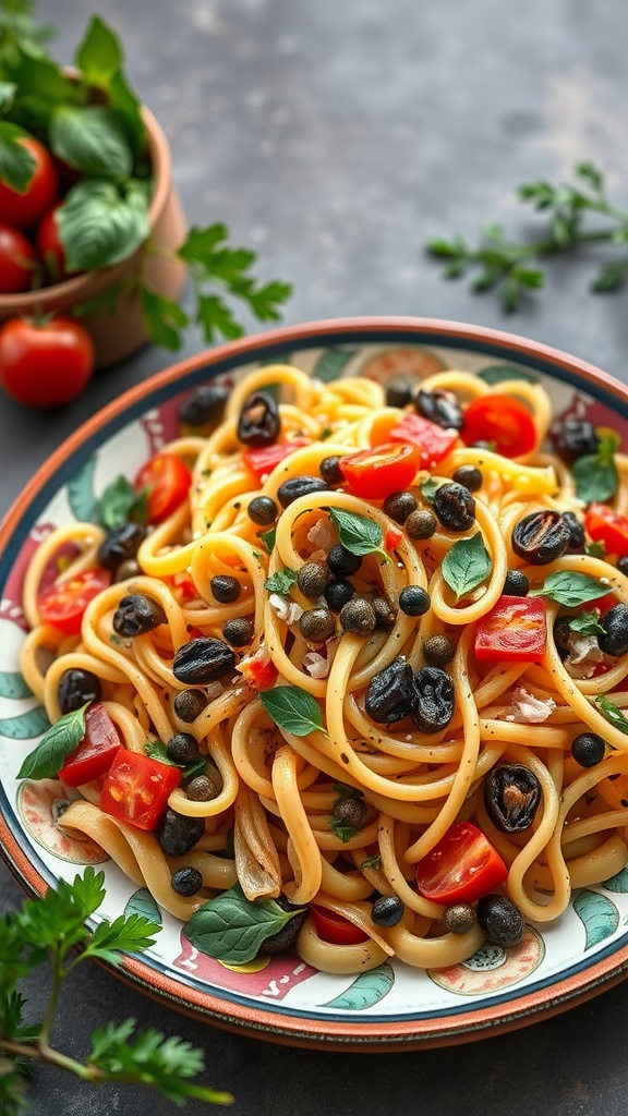 A colorful Mediterranean pasta salad featuring pasta, cherry tomatoes, olives, capers, and anchovies.