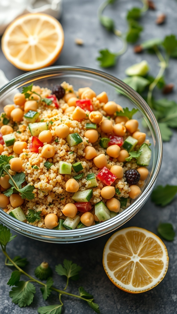 A vibrant Mediterranean quinoa and pasta salad with chickpeas and vegetables
