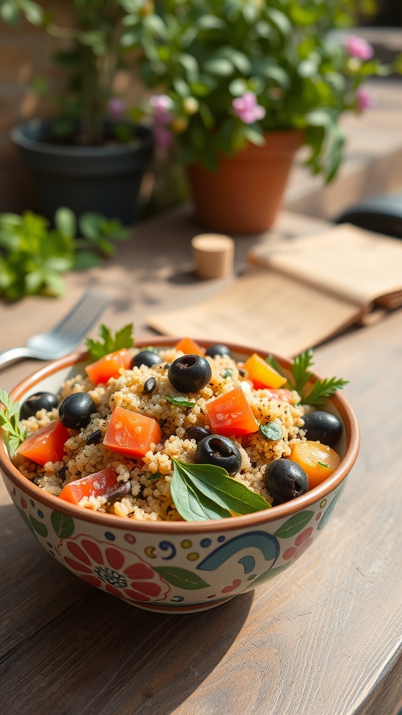 A colorful bowl of Mediterranean quinoa salad with tomatoes, olives, and fresh herbs.