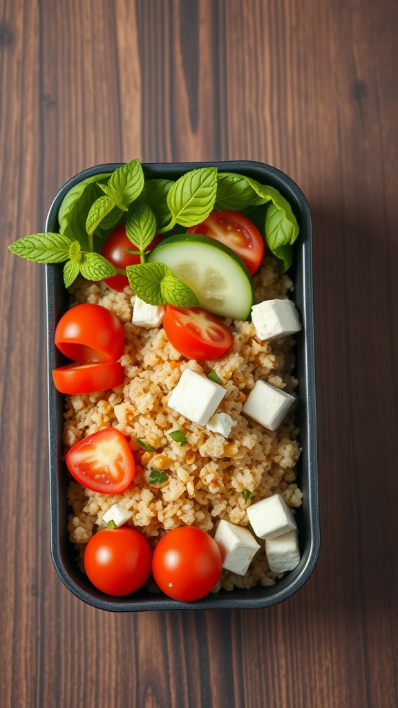 A bento box filled with Mediterranean quinoa salad, featuring quinoa, cherry tomatoes, cucumber slices, and feta cheese.