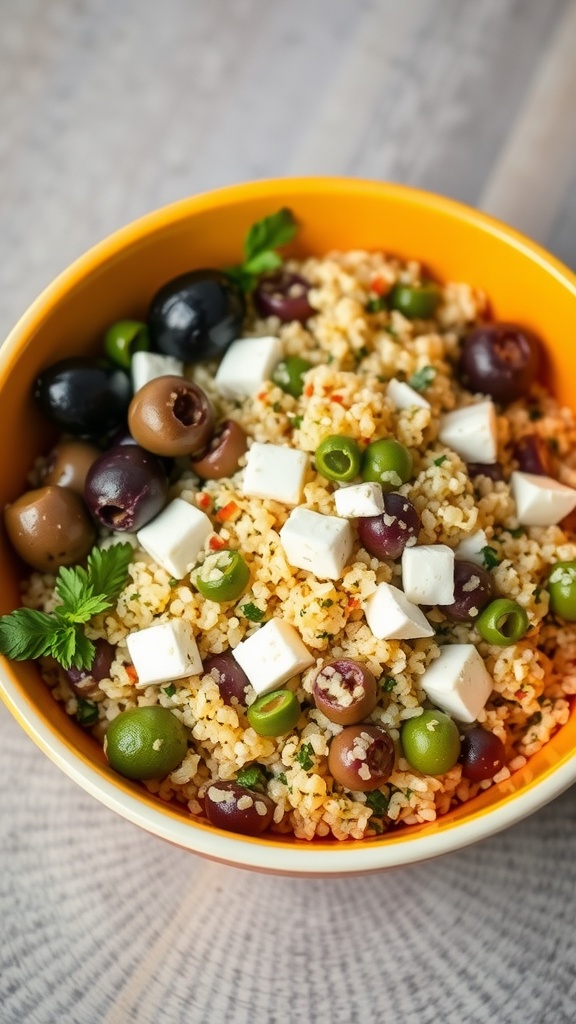 A colorful Mediterranean quinoa salad featuring feta cheese and olives.