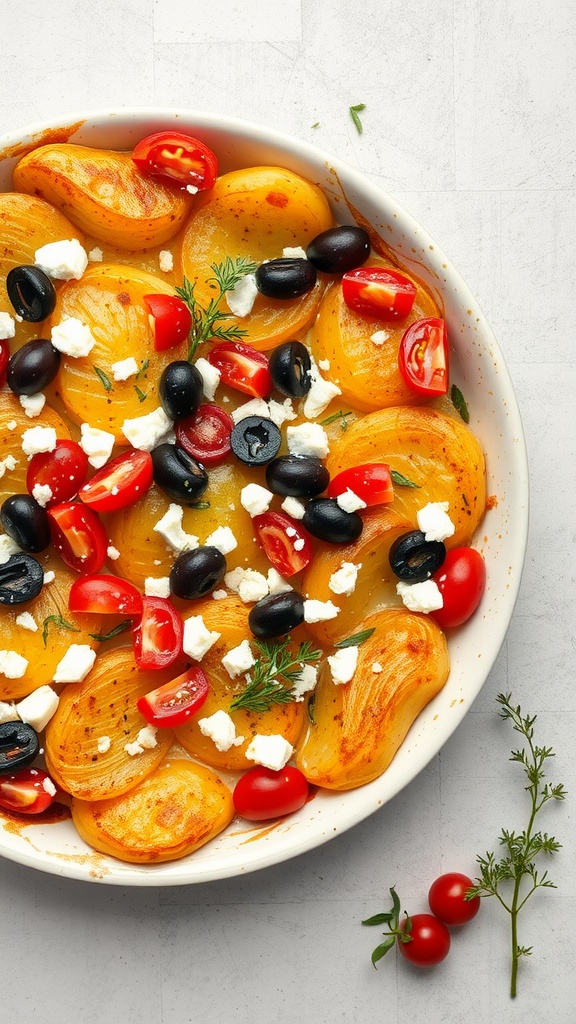 A dish of Mediterranean style scalloped potatoes topped with olives, cherry tomatoes, and feta.