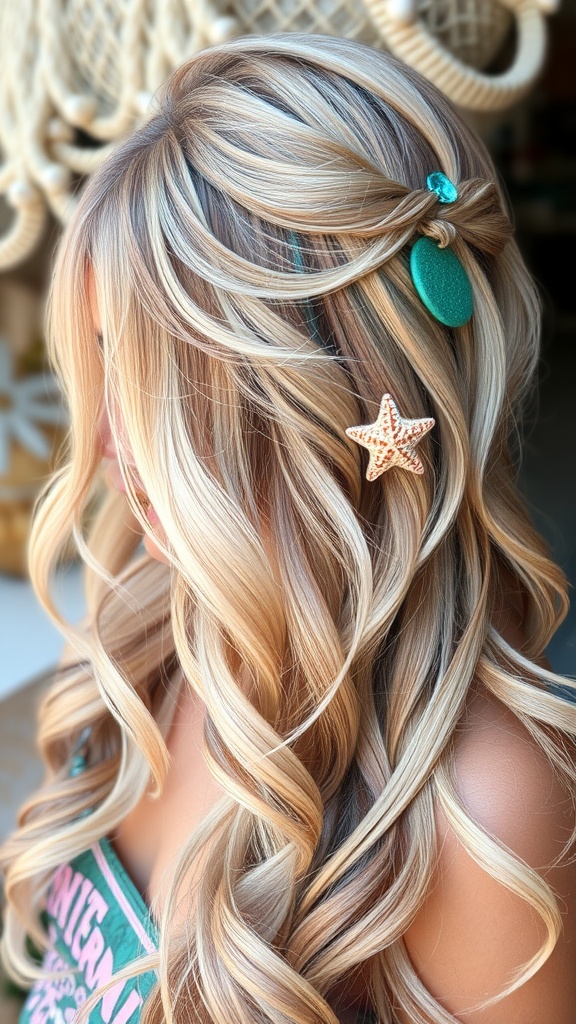 Long, wavy hair styled with starfish and colorful clips