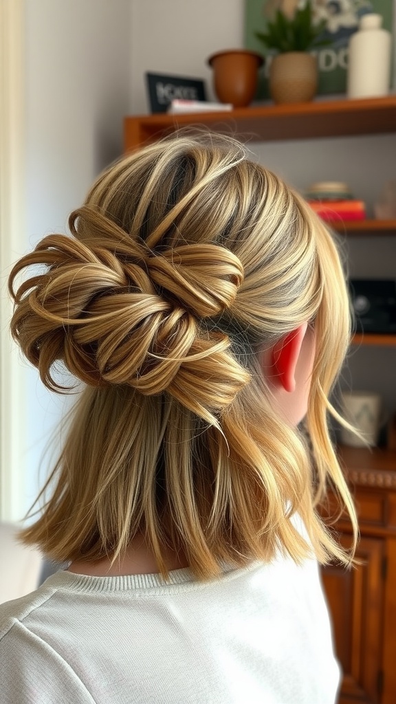 A woman with shoulder-length hair styled in a messy half-up bun, showcasing a casual and stylish look.