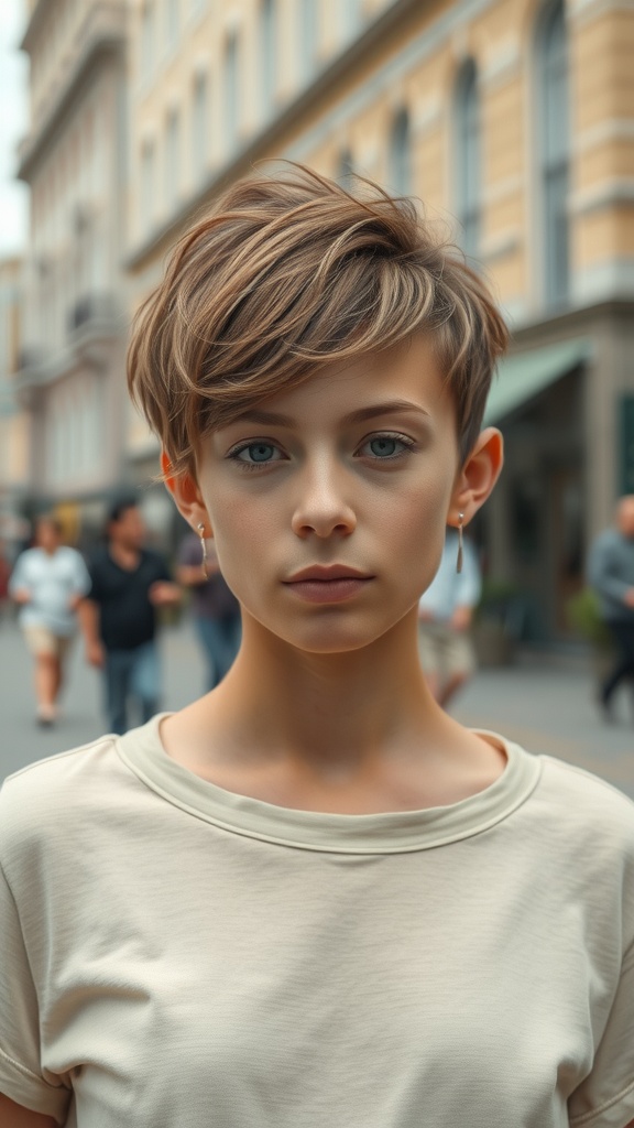 A person with a messy pixie haircut featuring textured layers, standing outdoors