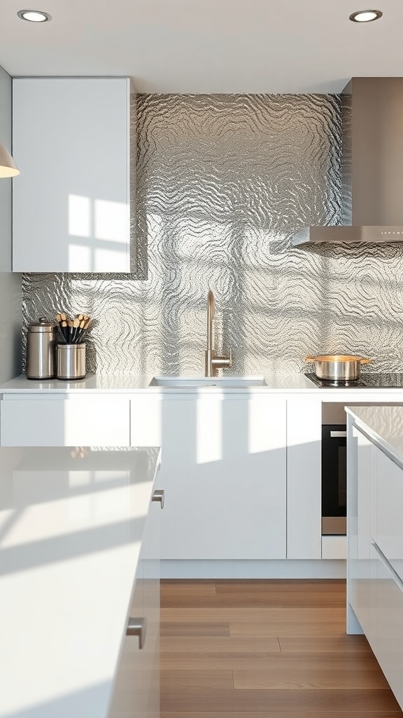 A modern kitchen with a metallic backsplash and white cabinetry.