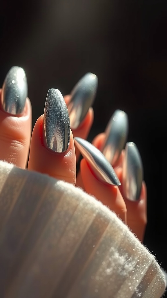 Close-up of metallic shimmer acrylic coffin nails