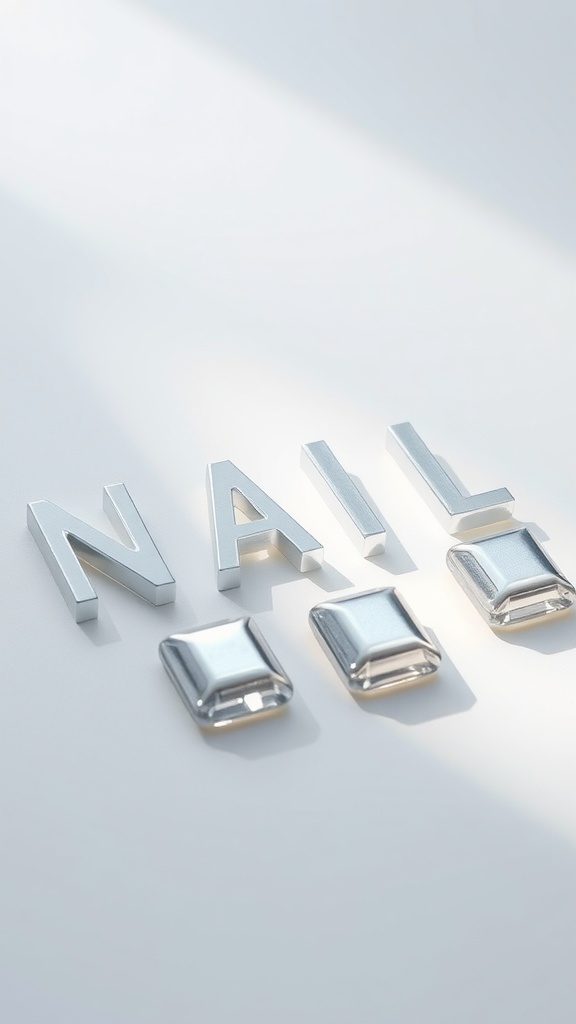 Metallic silver square nails displayed creatively.