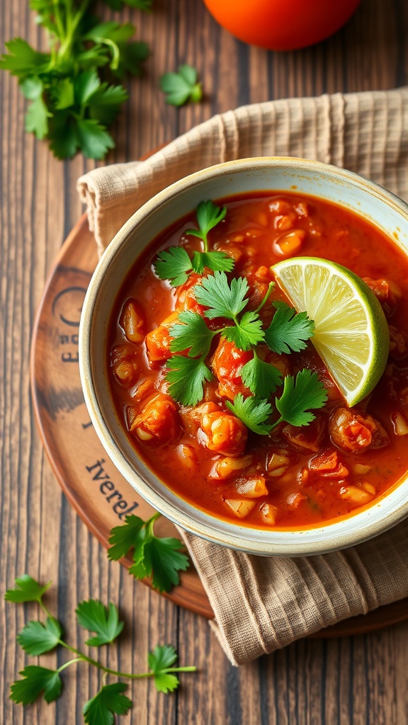 Bowl of Mexican-inspired stewed tomatoes garnished with cilantro and lime.