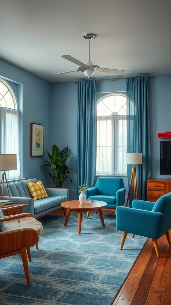 A stylish mid-century blue room featuring blue walls, furniture, and natural light.